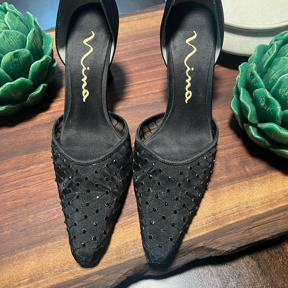 Nina Black Mesh Heels with Rhinestone Detail